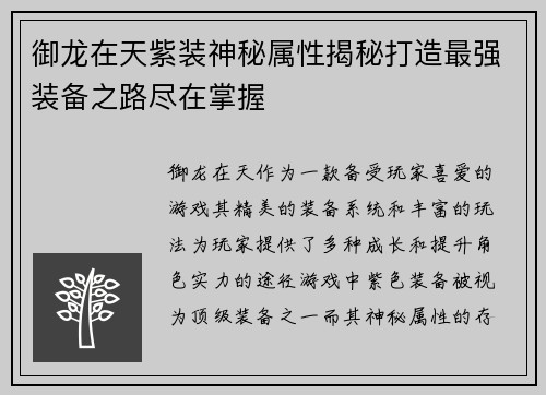 御龙在天紫装神秘属性揭秘打造最强装备之路尽在掌握